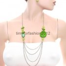 FASHION NECKLACE, EARRING SET SUPER CHIC AND SEXY MULTI CHAIN WITH GREEN GEMS AND BEADS
