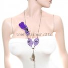 FASHION NECKLACE, EARRING SET SUPER CHIC AND SEXY LOW DRAPE PURPLE LEAF FLOWER FEATHER CHARMS