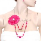 FASHION NECKLACE, EARRING SET SUPER CHIC AND SEXY MULTI CHAIN BRIGHT PINK FLOWER AND PINK BEADS
