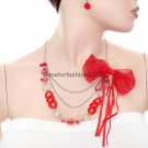 FASHION NECKLACE, EARRING SET SUPER CHIC AND SEXY RED BOW WITH MULTI CHAIN AND RED BEADS