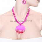 FASHION NECKLACE, EARRING SET SUPER CHIC AND SEXY PINK BEADS MULTICHAIN WITH LARGE PINK PENDANT