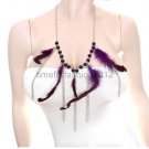 FASHION NECKLACE, EARRING SET SUPER CHIC AND SEXY BIG PURPLE FEATHERS DRAPING CHAINS PURPLE BEADS