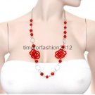 FASHION NECKLACE, EARRING SET SUPER CHIC AND SEXY RED ROSE CHAIN WITH RED PEARL BEADS