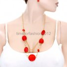 FASHION NECKLACE, EARRING SET SUPER CHIC AND SEXY GOLD CHAIN WITH RED BEADS AND STONES