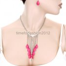 FASHION NECKLACE, EARRING SET SUPER CHIC AND SEXY ALMOND SHAPE GEMS WITH BEADS AND SILVER CHAIN