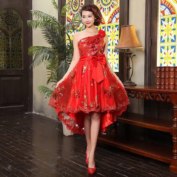 Hot Sexy Sequin Hi-Lo Lace-Up Red Party Dress Women New Fashion Slim Bridesmaid Clothing Wedding