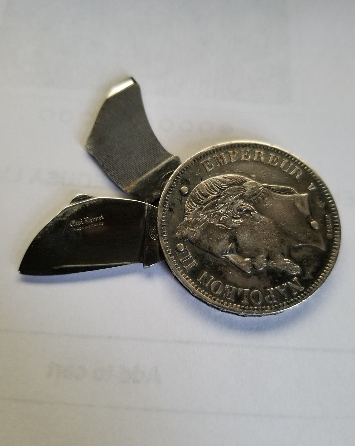 VINTAGE ELOI FRANCE 1867 SILVER COIN POCKET CIGAR CUTTER KNIFE