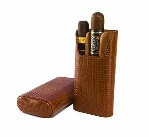 Bizard and Co. - The "Show Band" 3 Cigar Case - Lizard Pattern Havana