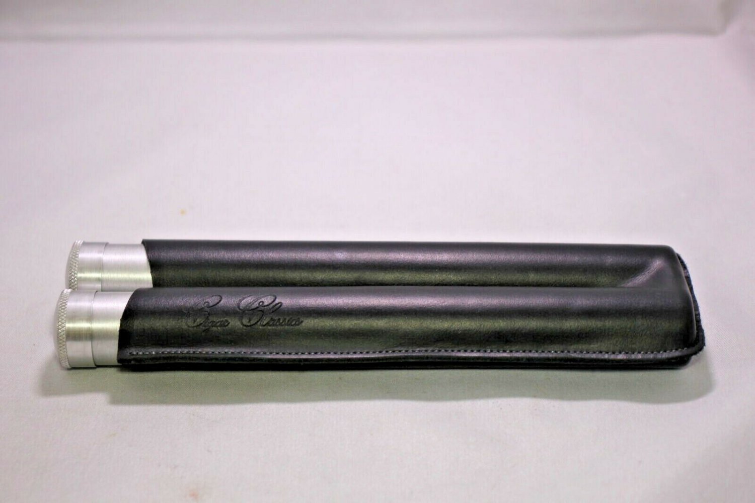 Cigar Classics Twin Silver Cigar Tube Holder in Black Leather