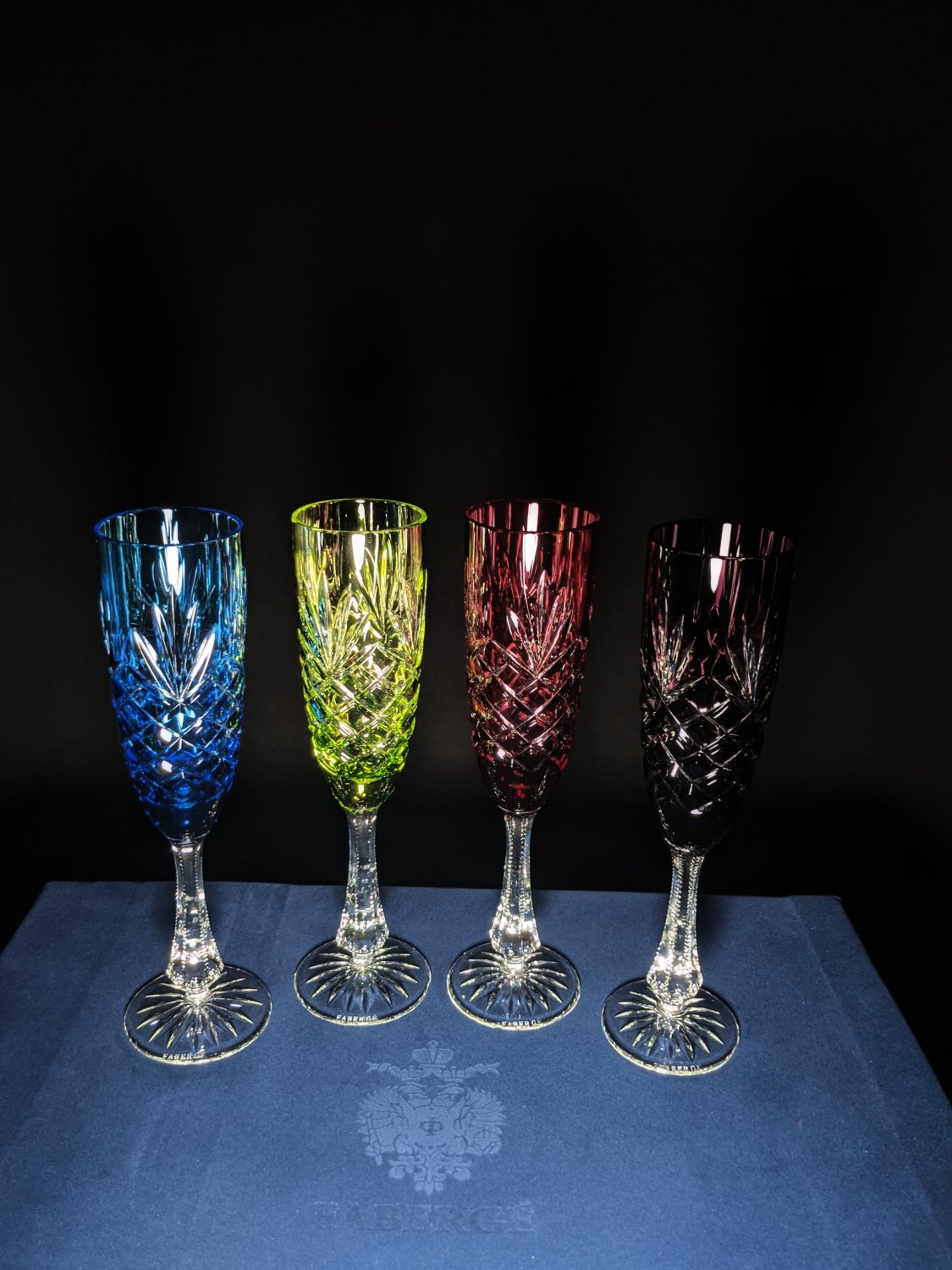 Faberge Crystal Colored Champagne Flutes in presentation box set of 4