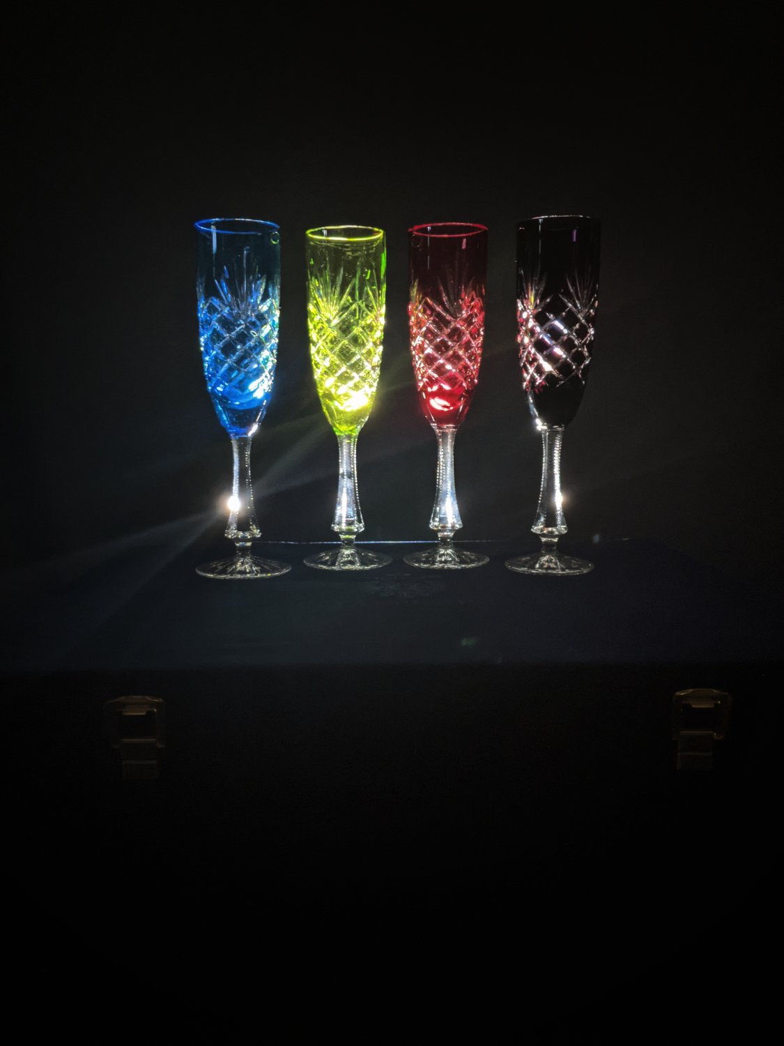 Faberge Crystal Colored Champagne Flutes in presentation box set of 4