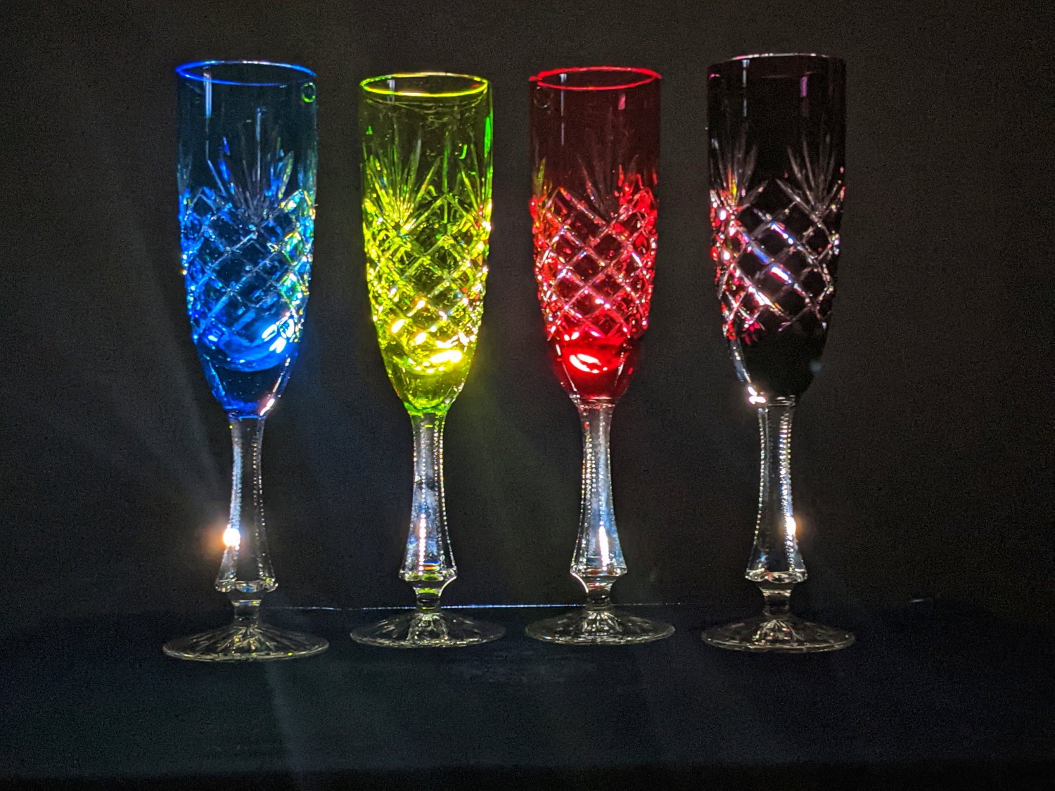 Faberge Crystal Colored Champagne Flutes in presentation box set of 4