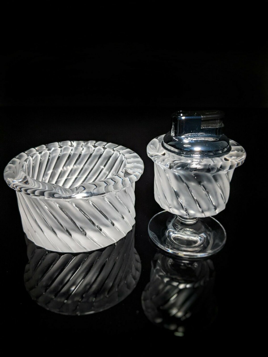 Lalique Smyrne Ashtray , Match Holder and Table Lighter Trio