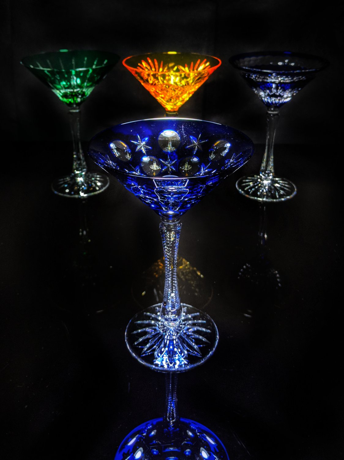 Faberge Colored Crystal Martini Glasses