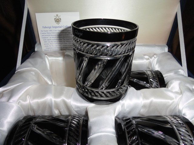 Faberge Martini Black Crystal Glasses set of 2 with the original Faberge  presentation case