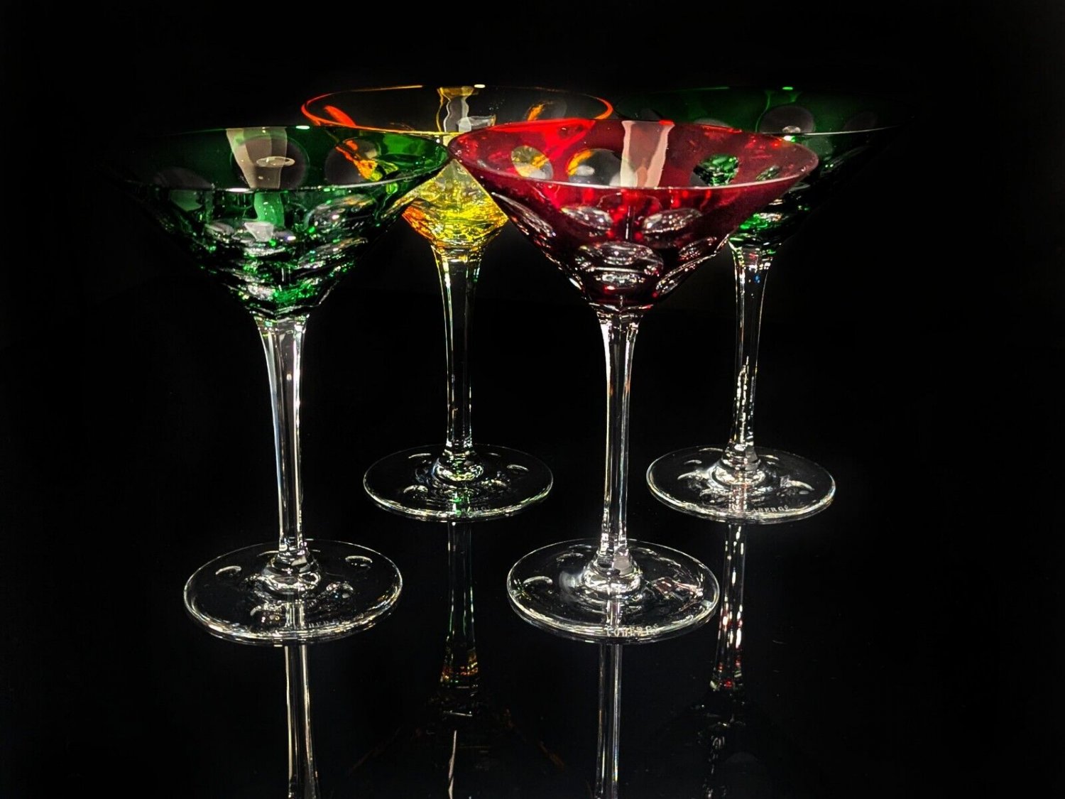 Faberge Bubbles Colored Crystal Martini Glasses in case