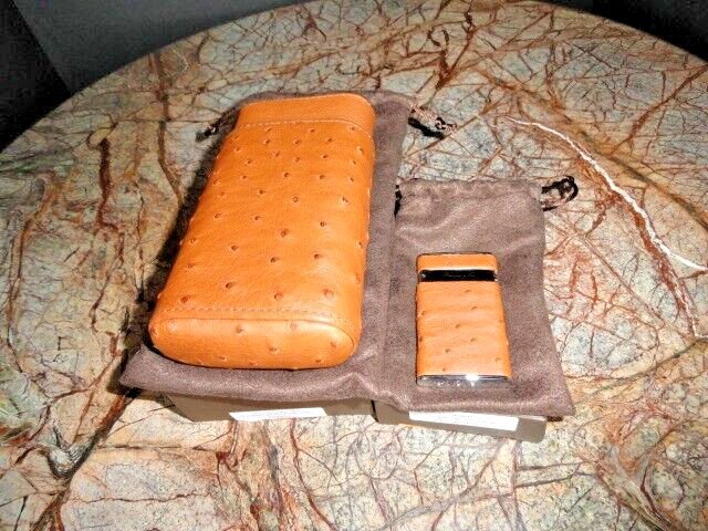 Brizard  "Show Band" 3 Cigar Case Gordo & Sottile  Lighter Ostrich Tan NIB