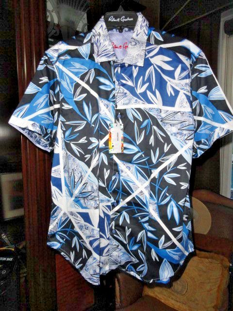 Robert Graham Blue Palm Classic Fit Short Sleeve Shirt Size 2XL NWTS