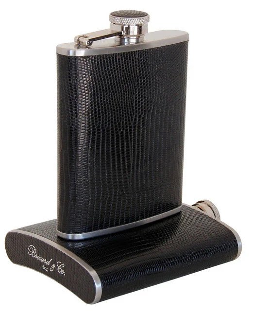 Brizard  Flask 8 oz. Black Lizard Pattern Leather  Made in USA NIB