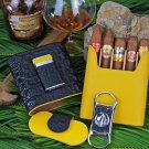 5 cigar case Black Caiman Alligator & Yellow  Leather , cutter & lighter NIB
