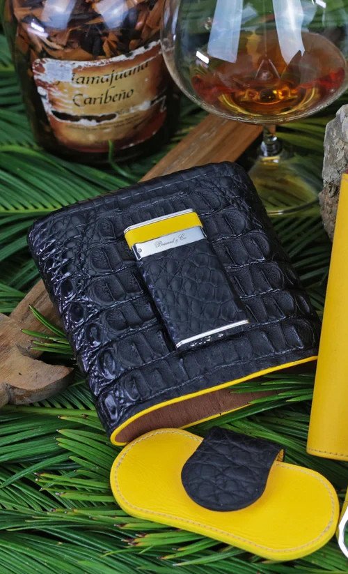 5 slot case Black Caiman Alligator & Yellow  Leather , cutter & lighter NIB