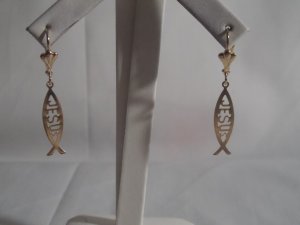 18 kt Gold Fish JESUS Drop Earrings