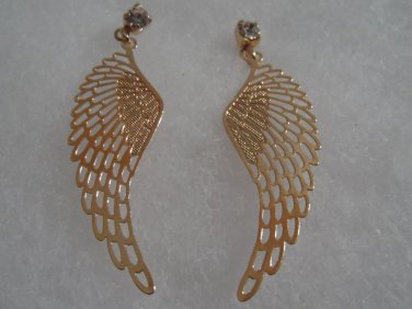 18 kt Gold Angel Wings  with Clear Rhinestone Stud  Earrings