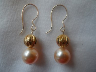 14 kt Gold Filled Peach Swarovski Pearls and Gold Ball Earrings