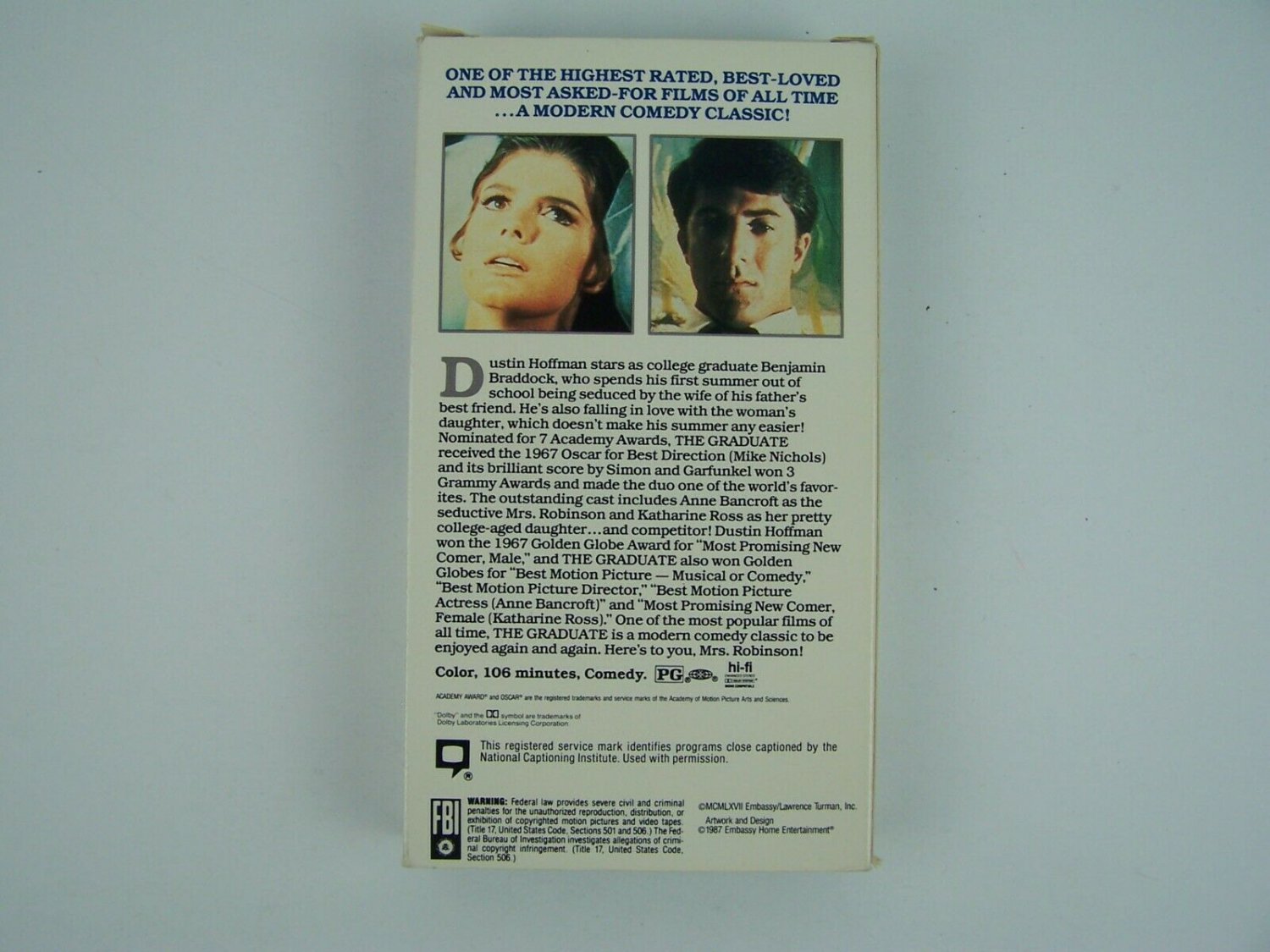 The Graduate VHS Video Tape Dustin Hoffman, Anne Bancroft