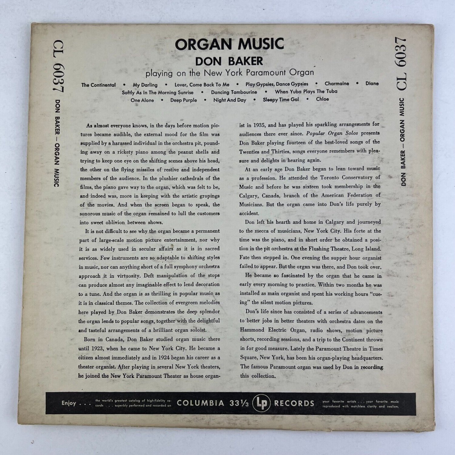 Don Baker Organ Music Vinyl Record 10" CL6037