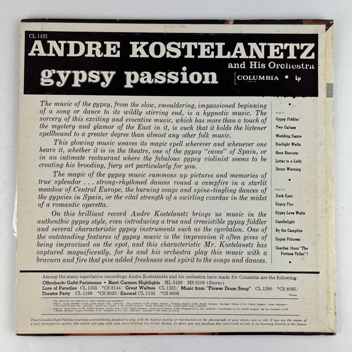 Andre Kostelanetz And His Orchestra Gypsy Passion Vinyl Lp Record Album Cl 1431