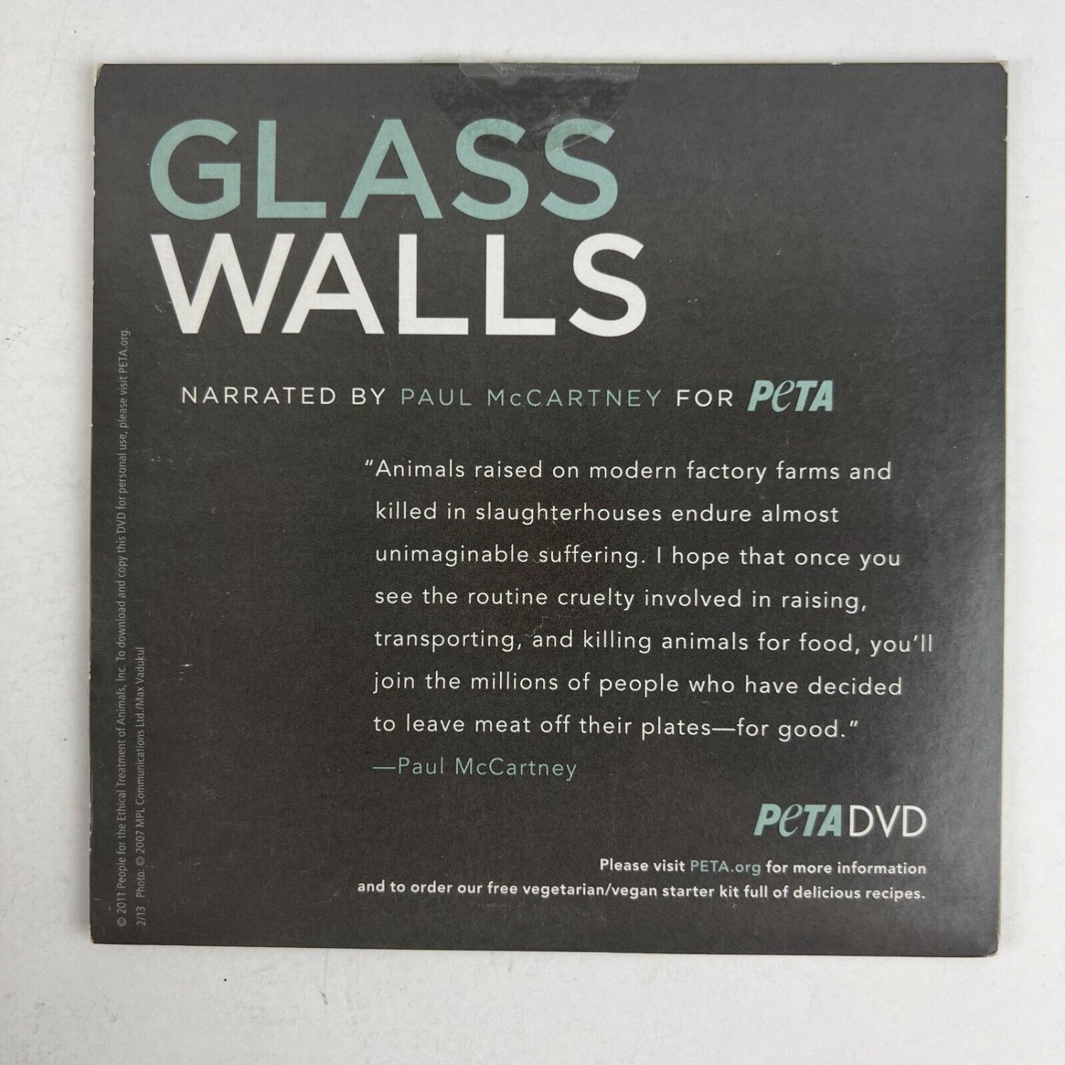 PETA Presents Glass Walls DVD Narrated By Sir Paul McCartney New Sealed