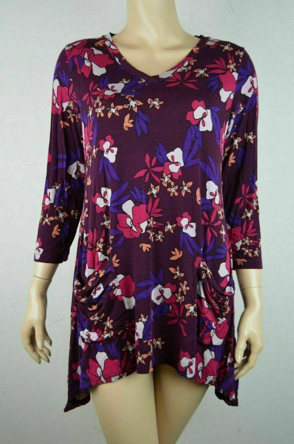 Logo Lori Goldstein Womens M Floral Printed Knit Top With Pockets 3 4