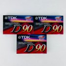 TDK D90 Cassette Tapes 90 Minute Blank High Output IECI/Type I D-90 3 Pack
