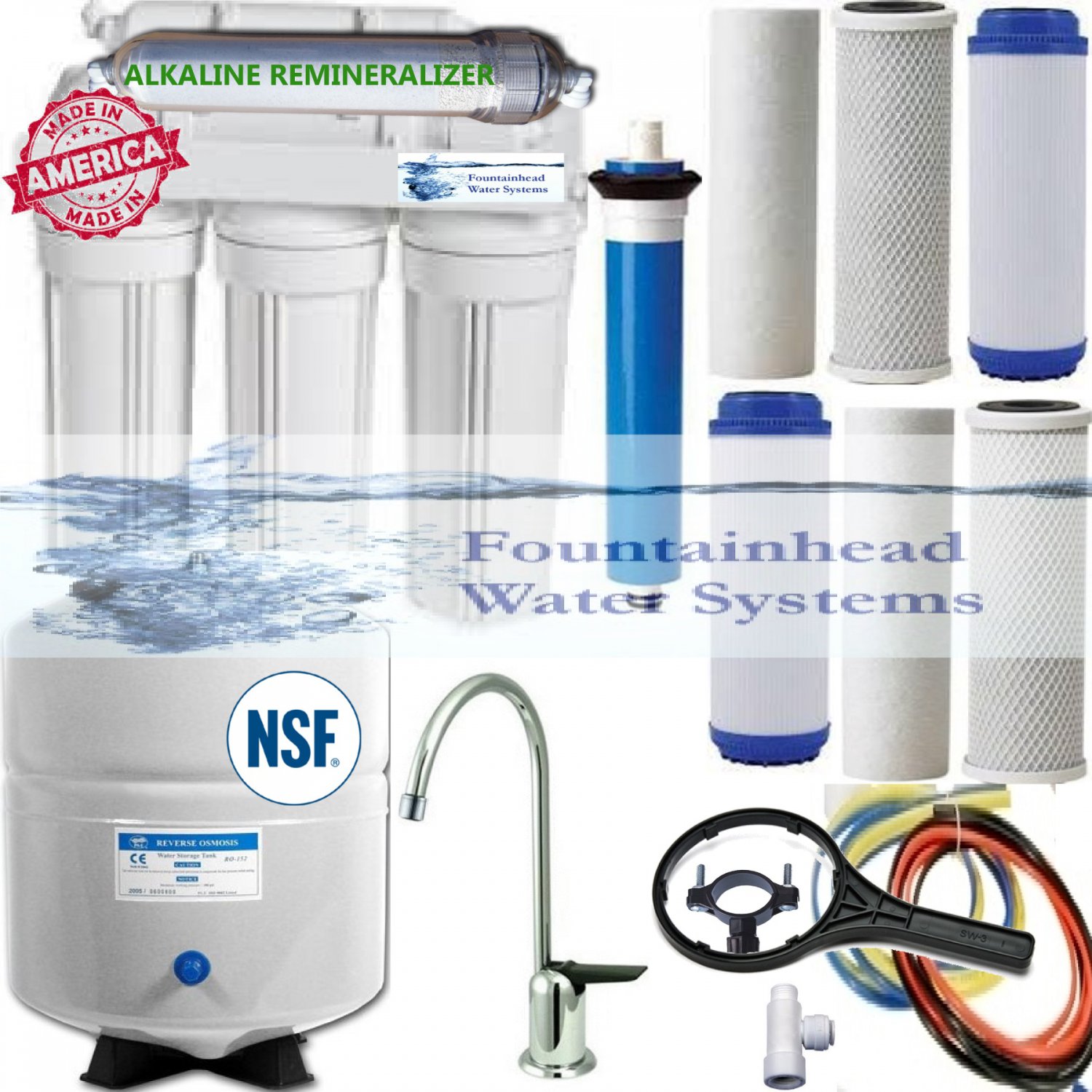 5 Stage ALKALINE Reverse Osmosis System 100 GPD Brushed Nickel Faucet