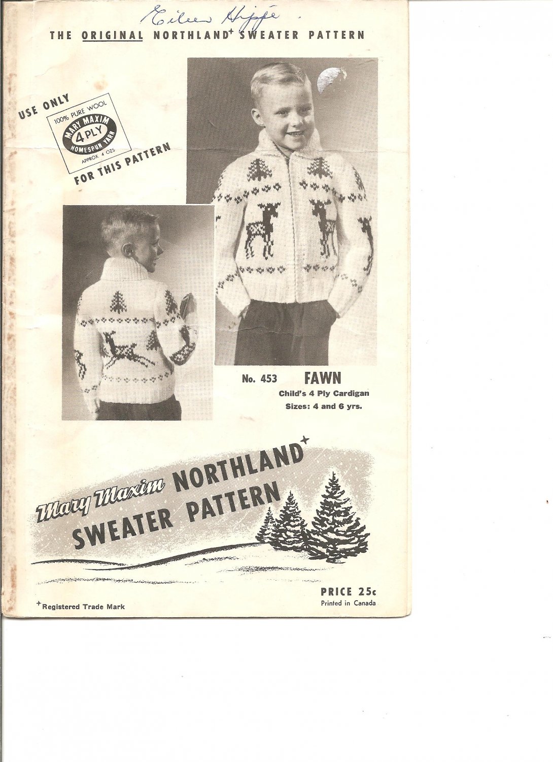 Mary Maxim 453 Child's Fawn or Deer Graph Style Cardigan Knitting Pattern