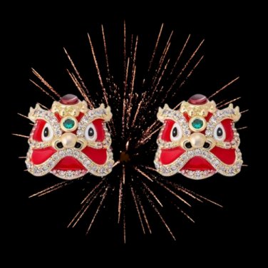 Lunar New Year Stud Earrings Chinese Lions w Rhinestones (F)