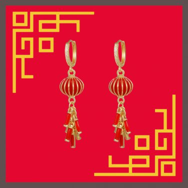 Lunar New Year Earrings Lantern with Firecrackers- Huggie Earring Version (W)