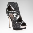 bebe Cassandra Embellished Bootie Sandal Studded Beaded Cutout Open Toe Ankle Boot - Black - 5