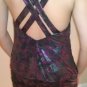 Metallic Cowl Neck Ruched Criss Cross Low Back Dress Tunic Top - Silver & Hot Pink - M