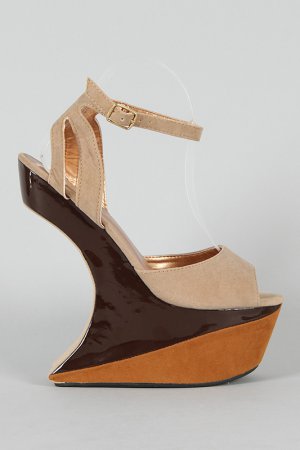 Bumper Colorblock Ankle Strap Heel Less Curved Cut Out Wedge Sandal - Taupe/Tan & Brown - 7