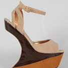 Bumper Colorblock Ankle Strap Heel Less Curved Cut Out Wedge Sandal - Taupe/Tan & Brown - 9