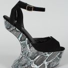 Bumper Snake Snakeskin Ankle Strap Platform Heel Less Curved Cut Out Wedge Sandal - Black - 8