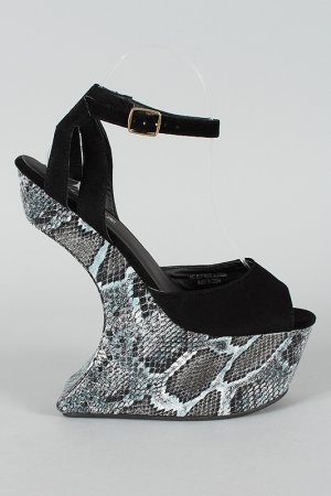 Bumper Snake Snakeskin Ankle Strap Platform Heel Less Curved Cut Out Wedge Sandal - Black - 8