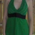 Charlotte Russe Lace Chiffon V Neck Halter Empire Tie Waist Top Tunic Blouse - Green & Black - M