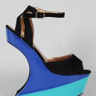 Bumper Colorblock Ankle Strap Heel Less Curved Cut Out Wedge Sandal - Black & Turquoise Blue - 5.5