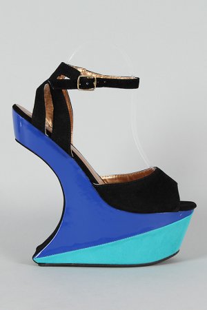 Bumper Colorblock Ankle Strap Heel Less Curved Cut Out Wedge Sandal - Black & Turquoise Blue - 6