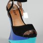 Bumper Colorblock Ankle Strap Heel Less Curved Cut Out Wedge Sandal - Black & Turquoise Blue - 6