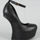 Faux Leather Leatherette Ankle Strap Heel Less Hollow Platform Wedge - Black - 6