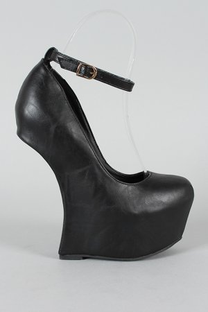 Faux Leather Leatherette Ankle Strap Heel Less Hollow Platform Wedge - Black - 6